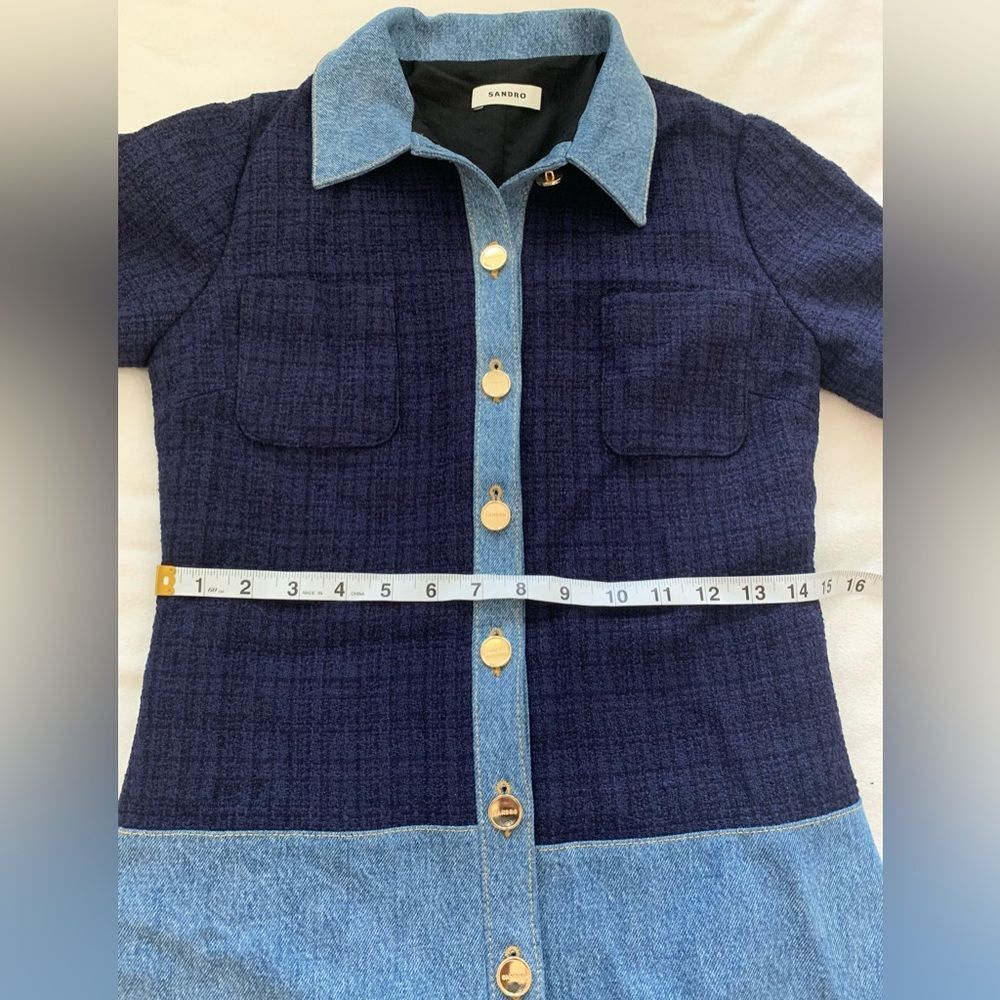Sandro Brooke Mixed Media Shirt Dress Size US 2 / FR 34 Blue Tweed and Denim - Picture 11 of 16